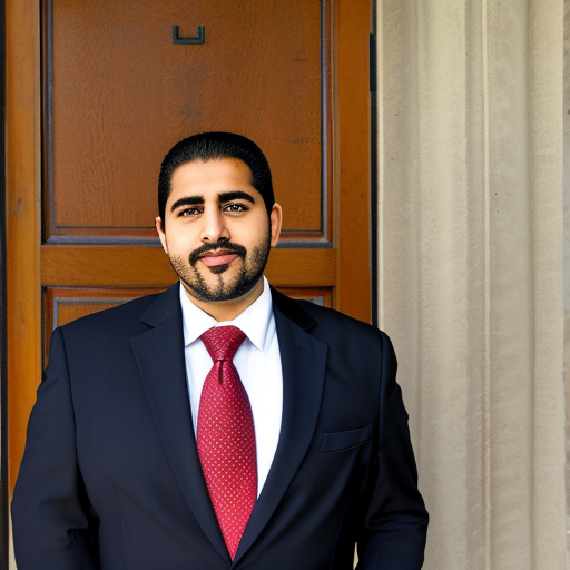 Portrait of José de la Cruz, a 51-year-old male opinion writer for a national newspaper. He wears a black suit and a red tie, and his expression is serious and thoughtful. His dark eyes are focused intently on the camera, and his short black hair is neatly combed. He has a trim beard and mustache, and his hands are clasped in front of him. He stands in a room with a large window and a bookshelf in the background.