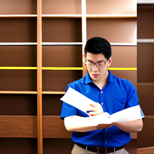 Kazuhiro Tanaka, a 23-year-old male opinion writer for a national newspaper. He is wearing a blue collared shirt, black pants, and a brown belt. He has short black hair, and a serious expression on his face. He is holding a pen in his right hand, ready to write his next opinion piece. He looks determined to make his voice heard.