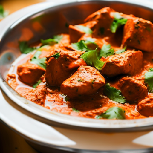 Bowl of Chicken Tikka Masala, spices, herbs, wooden spoon, shallow depth of field, warm lighting.