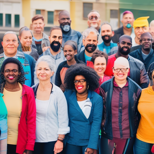 Group of diverse people standing together in solidarity, urban setting, bright colors, high-resolution image.