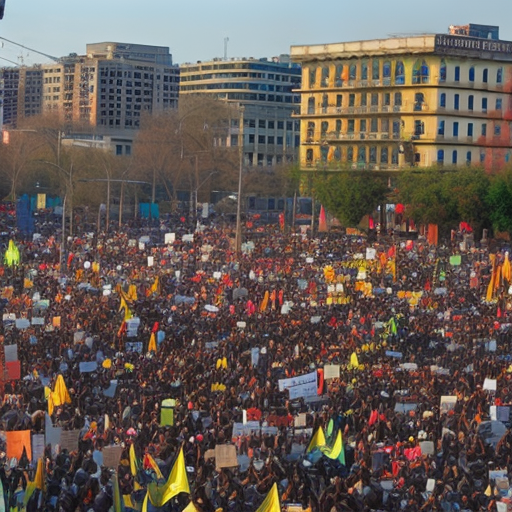 Youth activism, protest, placards, crowd, cityscape, determination, daylight, vibrant colors.