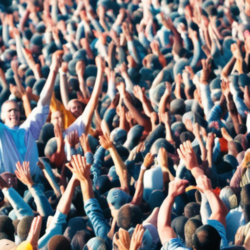 Group of people, diverse ethnicity, unifying, hands raised, celebrating, joyous, stadium, high-resolution.