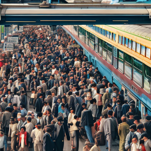 Train station, commuters, busy, mid-day, crowded platform.