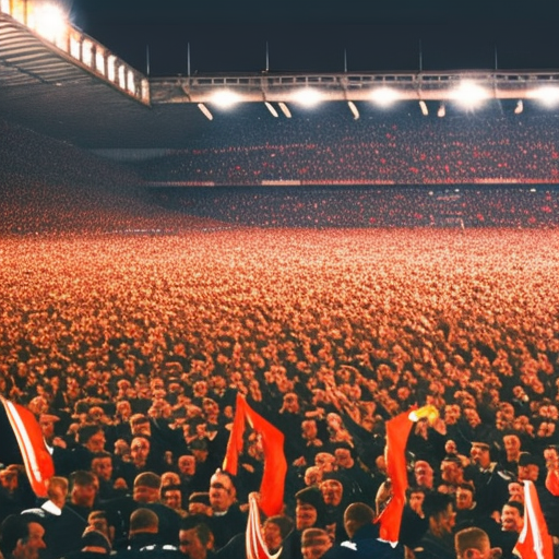 Man United vs Everton, stadium, night, floodlights, cheering crowd, action shot.