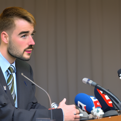 Jack Butland speaking, microphone, podium, audience, debate, Tokyo, Japan, high-quality.