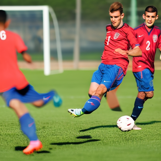 Soccer players in action, mid-game, outdoor setting, dynamic, sharp focus.