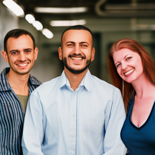 Three people, a man and two women, standing together in front of a microphone, smiling and looking empowered. High-resolution, natural lighting.