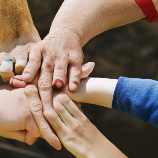 Fans of two rival teams holding hands, sunny outdoor setting, close-up shot, solidarity, togetherness.