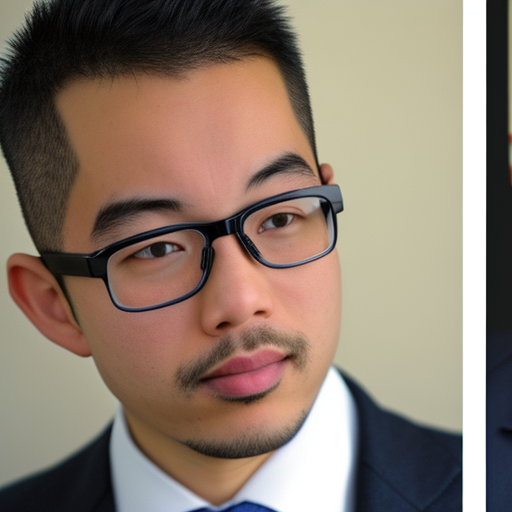 Kelvin Chen, 45, a male opinion writer for a national newspaper. He has a strong presence, wearing a sharp navy suit and a crisp white shirt. His dark hair is neatly styled and his face is framed by a pair of black-rimmed glasses. He has a confident stance as he looks off into the distance, clearly deep in thought. His expression is thoughtful and contemplative, as if he's considering the next big opinion piece he'll write.